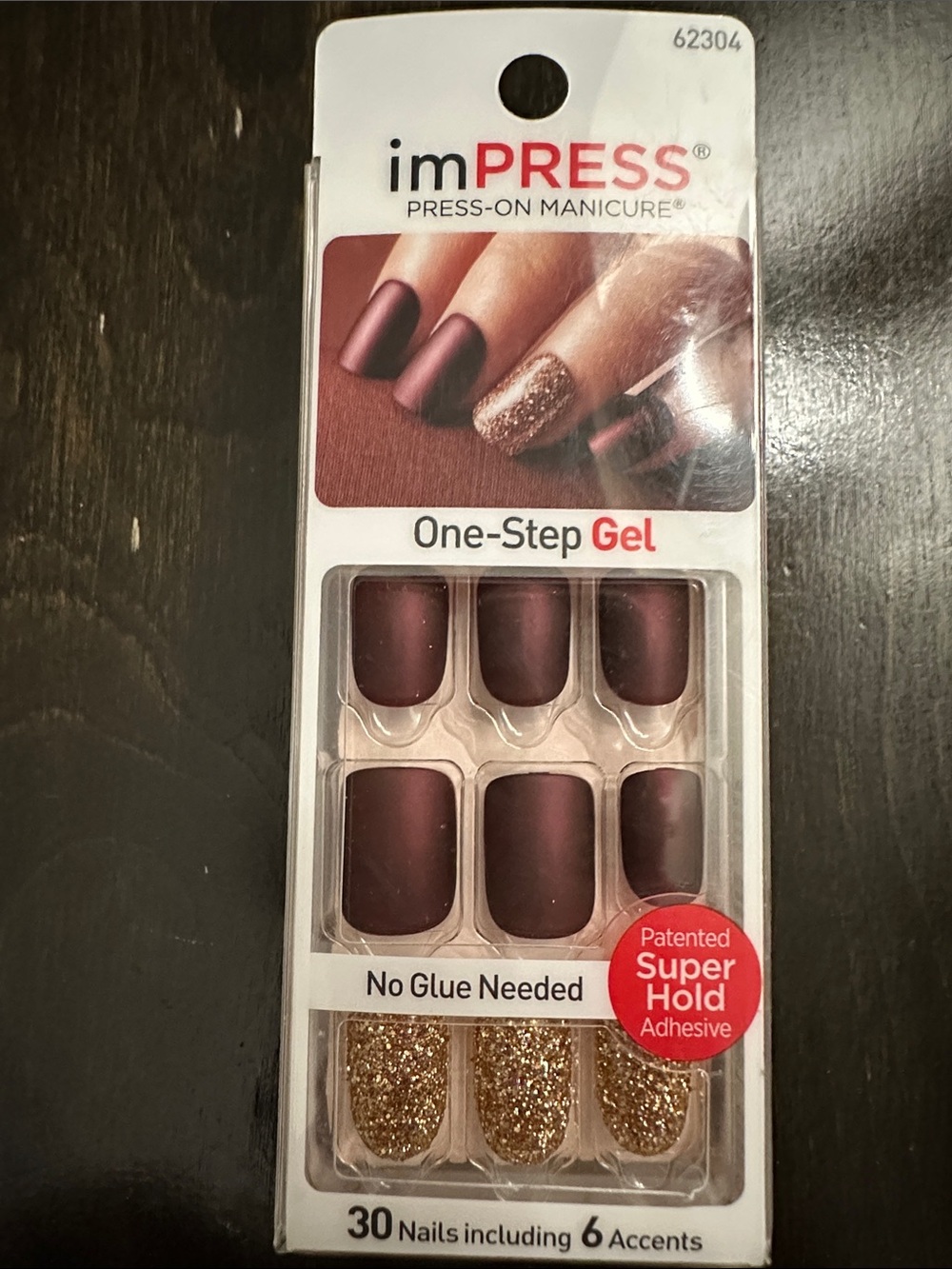 imPRESS One-Step Gel Press-On Nails - Burgundy & Gold Glitter Accents